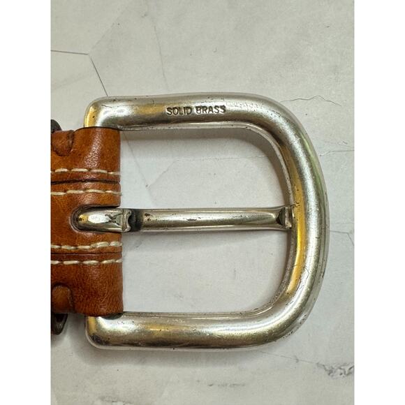 Fossil Brown Leather Sz Medium Womens Belt Silver Tone Buckle Pink Olive Stripe - Picture 7 of 7